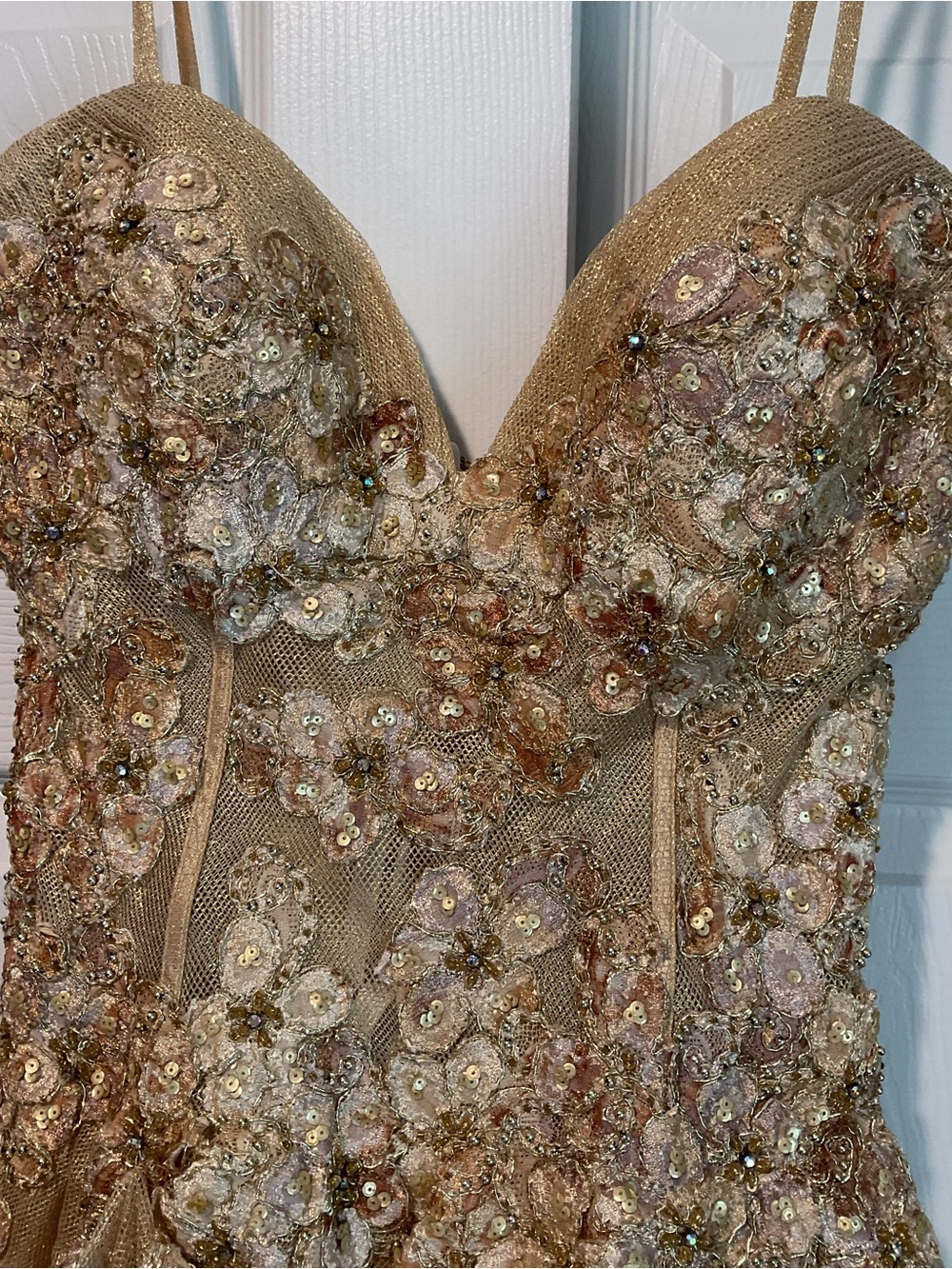 Jovani Vintage Gold Beaded Sequin Corset Mesh Mini Dress Gown Prom Wedding sz 6 - Picture 4 of 9